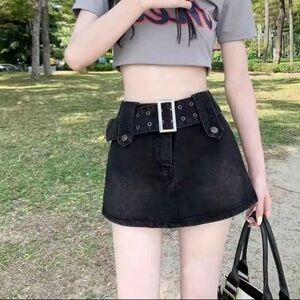 Black Denim Mini Skirt with Belt